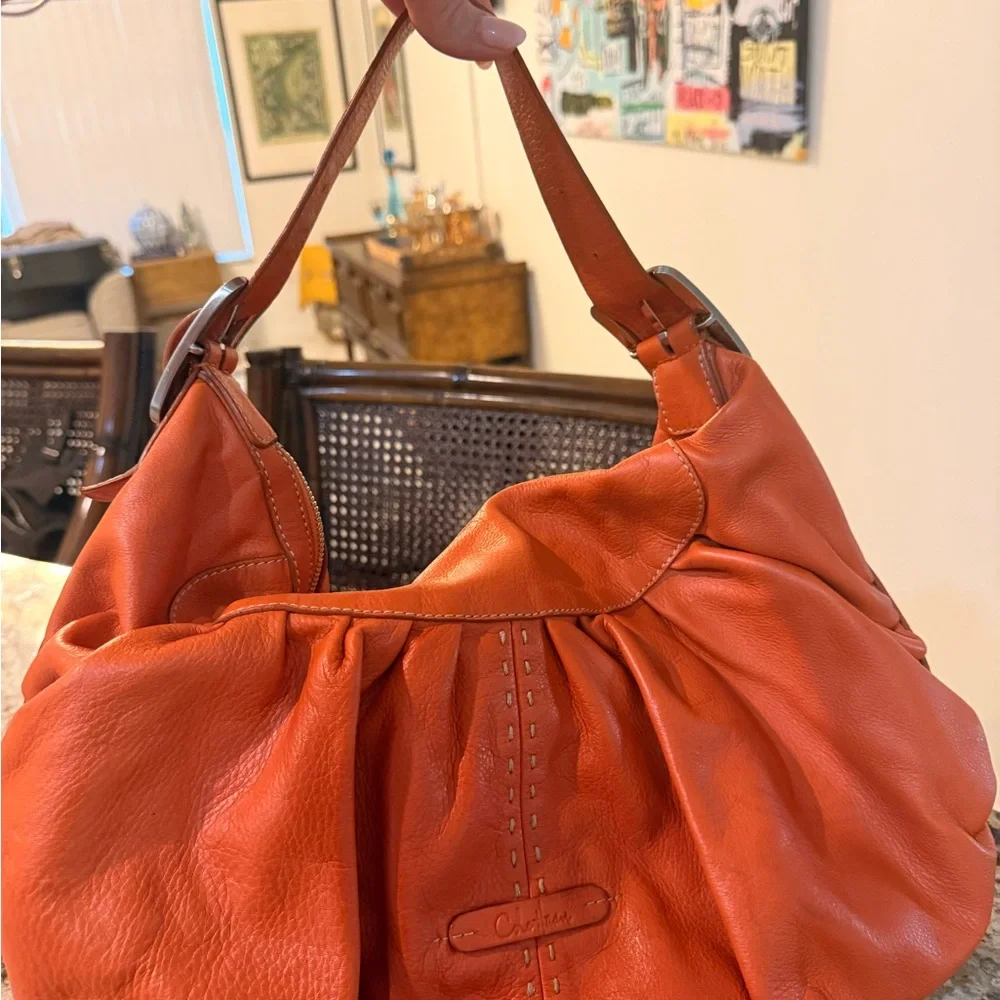 Cole Haan Vibrant Orange Pebbled Leather Hobo Bag